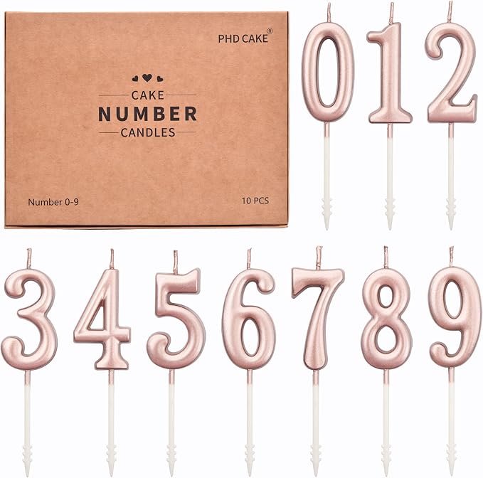 PHD CAKE 10-Pieces Rose Gold Numeral Birthday Candles, Cake Numeral Candles Number 0-9 Glitter Cake Topper Decoration for Birthday,Wedding Anniversary,Party Celebration
