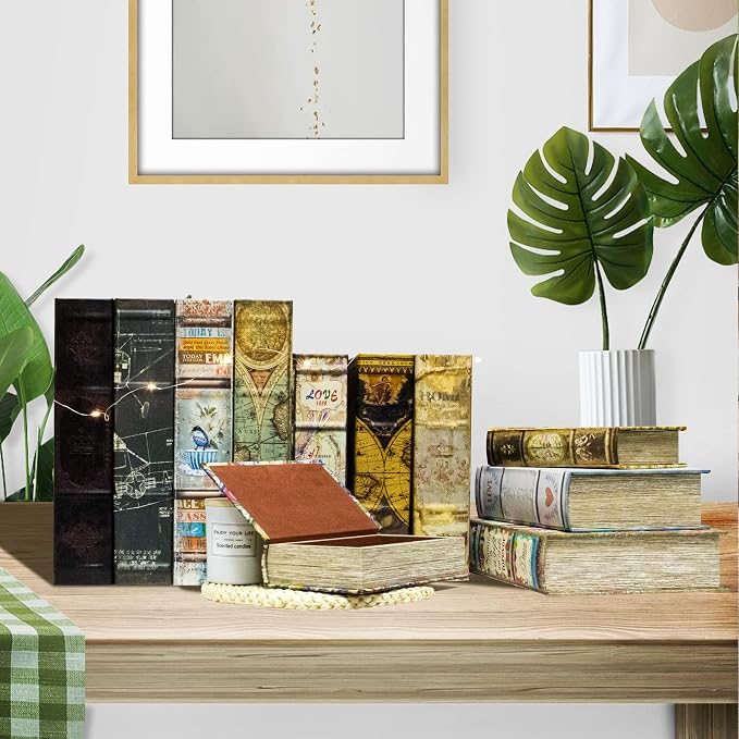 Decorative Book Box Set of 3,Vintage Style Book Shaped Storage Box | Leather Decorative Wooden Trinket Jewelry Books Boxes with Antique Embossed Pattern,Mother's Day/Graduation/Birthday Gift