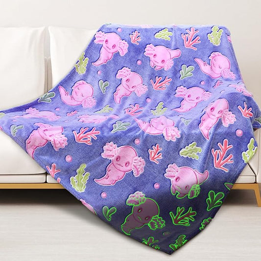 Axolotl Gifts Glow in The Dark Blanket for Girls Salamander Toys Kids Cute Animals Fish Throw Blankets Soft Fleece Blanket Room Decor 50 "X 60"