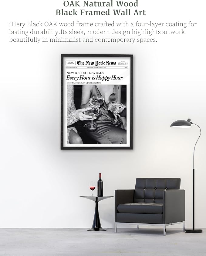 iHery 18x24in Every Hour Is Happy Hour Black Framed Newspaper Wall Art | Premium Black Natural OAK Wood Frame with Canvas Print, Retro Editorial Decor for Bedroom, Girl Dorm, Living Room 1Pack