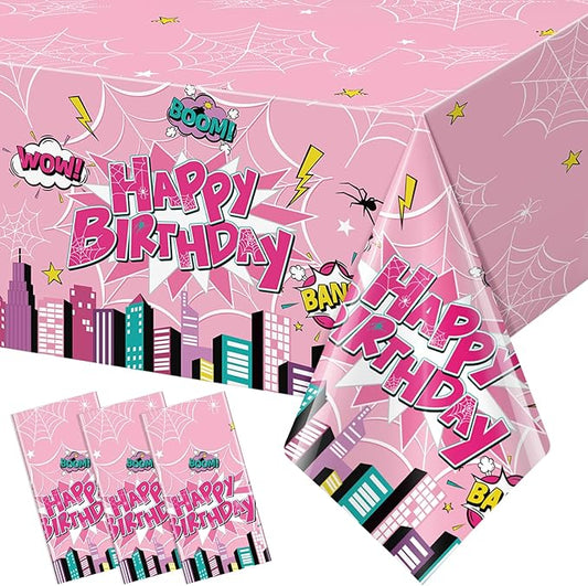 3Pcs Spider Birthday Party Tablecloths, Disposable Plastic Cartoon Spider Tablecloth Pink Hero Table Cover for Rectangle Table Girl’s Birthday Party Supplies, 54x108 inches