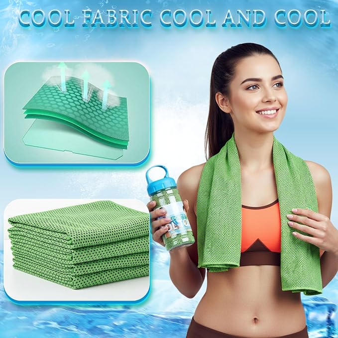 Honoson 10 Pcs Cooling Towels for Neck and Face, 47"x12" Sports Breathable Ice Towels Microfiber Chilly Sweat Rags with Portable Bottle for Gym Golf Athletes Yoga Workout Hot Weather (Green)