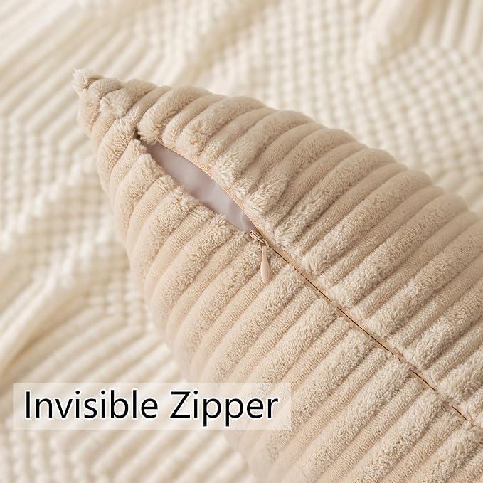 UGASA Velvet 26x26 Inch Soft Throw Pillow Cover Decorative Corduroy Striped Both Sides Solid Square Cushion Case Boho Farmhouse for Couch Bedroom Sofa Home, 1 Piece, Beige