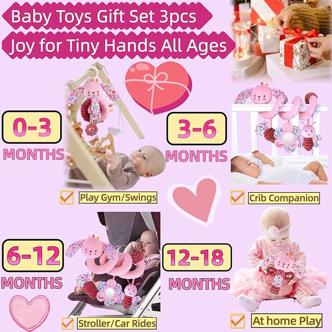 Baby Spiral Car Seat Toys for Babies 0-6 Months Girl, Stroller Hanging Stuffed Animal Carseat Mirror Crinkle Toy 0-3-6-7-12, Newborn Infant Valentines Gifts Easter Basket Stuffers Bunny 3PCS