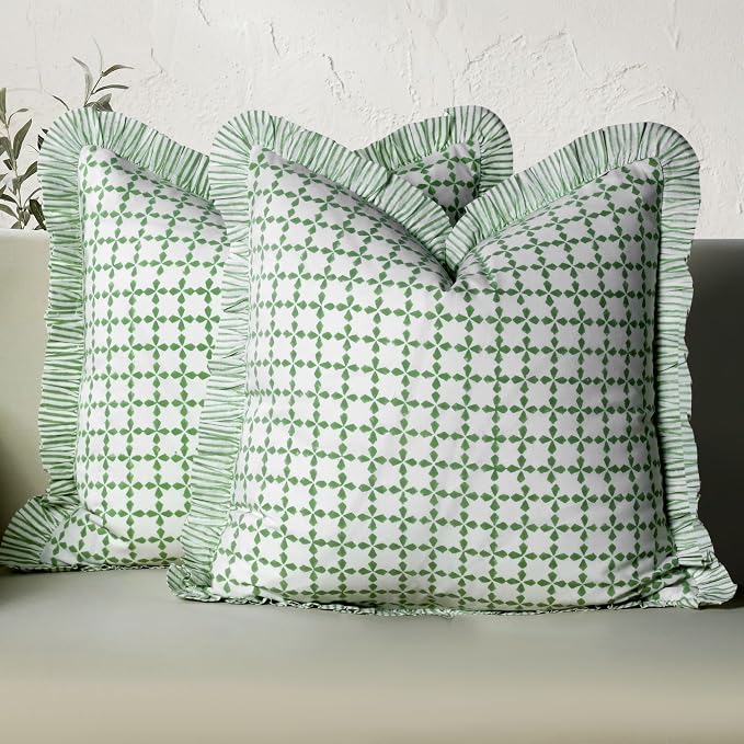 CPC Kelly Green Hand Block Print 100% Cotton Ruffle Throw Pillow Cover 20x20 inch with Hidden Zipper Decorative for Couch, Bed, Sofa, Farmhouse, Cottagecore Decor Gift Christmas Fall Thanksgiving
