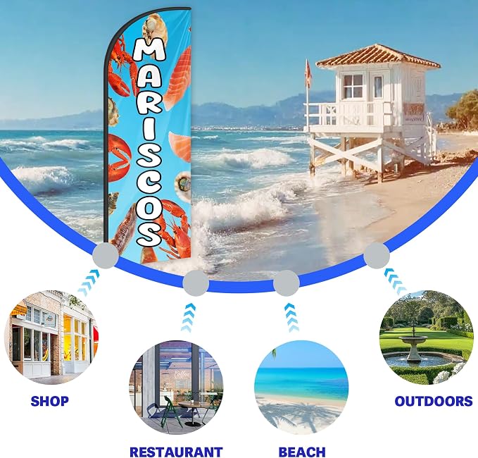 Mariscos Feather Flag for Storefronts Fairs,6 FT (Flagpole Not Included) | Business Advertising Flag