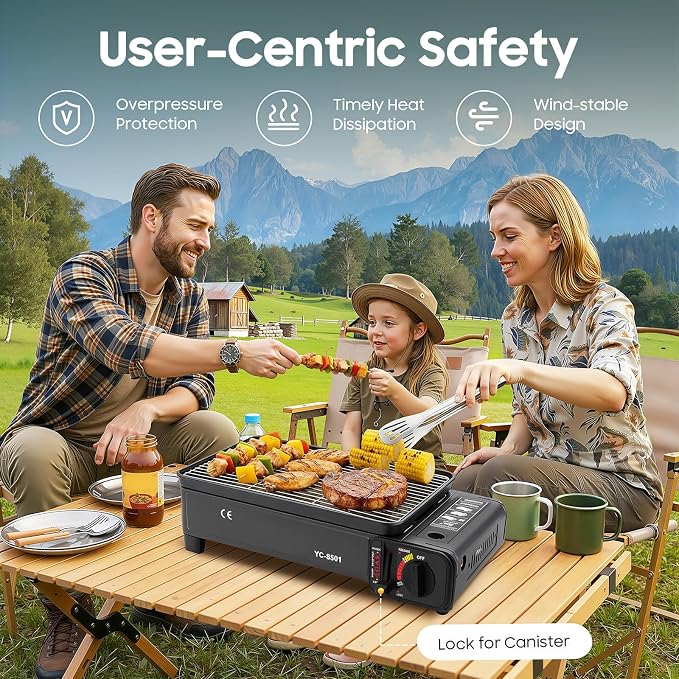 PERFERATE Portable Butane Grill - 7500 BTU Korean BBQ Grill Stove - Tabletop BBQ Camping Grills with Barbecue Kit & Carrying Case for Outdoor Camping, Party, Picnic Cooking