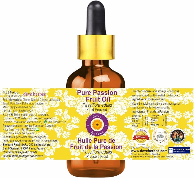 Deve Herbes Pure Passion Fruit Oil (Passiflora edulis) with Glass Dropper Cold Pressed (Pack of Two) 100ml X 2 (6.76 oz)