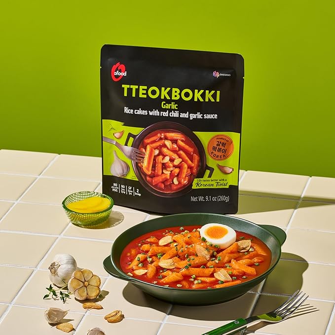 O’Food Tteokbokki Korean Rice Cakes – [Garlic | Pack of 2] – Gluten-Free (Except BBQ), Healthy/Savory/Bold/Fiery, 0 Cholesterol/ 0 Trans Fat/No MSG/No Corn Syrup, Spicy Street Snack, Ready in Minutes