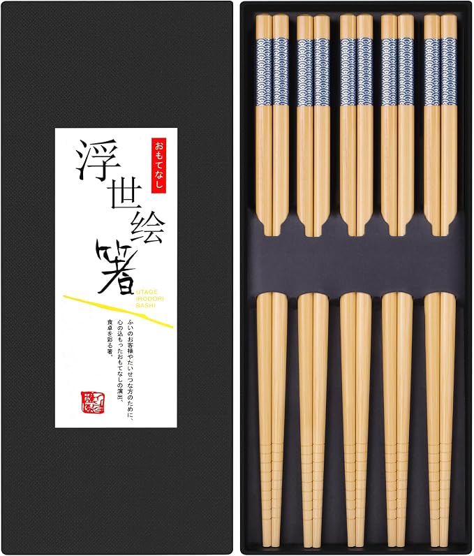 Antner 5 Pairs Bamboo Chopsticks Reusable Japanese Style Chopstick Gift Sets, Classic Natural Bamboo Chop Sticks Dishwasher Safe, 8.8 Inch/22.5cm