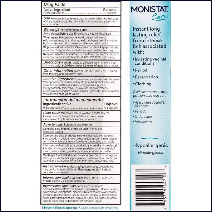 Monistat Instant Itch Relief Cream for Women, Fragrance-Free Formula with Aloe Vera Soothes and Cools Vaginal Itch, 1 Oz, Pack of 2