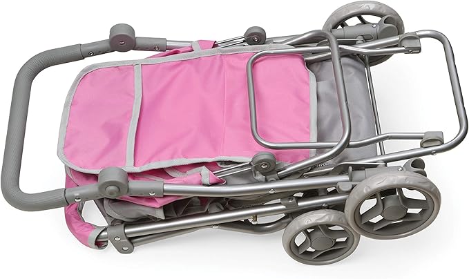Badger Basket Double Doll Stroller - Pram for Baby Doll with Adjustable Seats & Storage Basket - Fits Doll Up to 20 Inches - Best for Toddler and Kid Pretend Play Ages 3 and Up - Pink/Grey