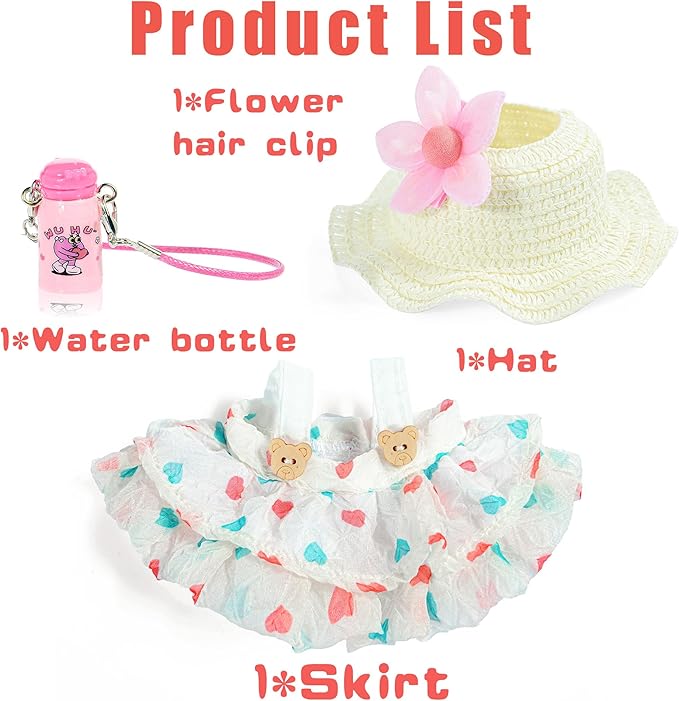 One Set Kawaii Doll Clothes for 17cm Plush Dolls -Floral Collection Dress + Hat + Bag + Hair Clip Fits 6.7 Inch Mini Dolls (No Doll No Glasses)