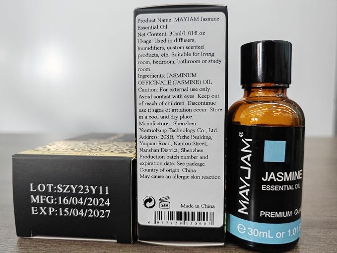 MAYJAM Jasmine Essential Oil for Diffuser, Jasmine Oil for Skin, 1.01fl.oz | Long Lasting Scents, Essential Oils for Soap Candle Making, Ideal for Home Yoga Use