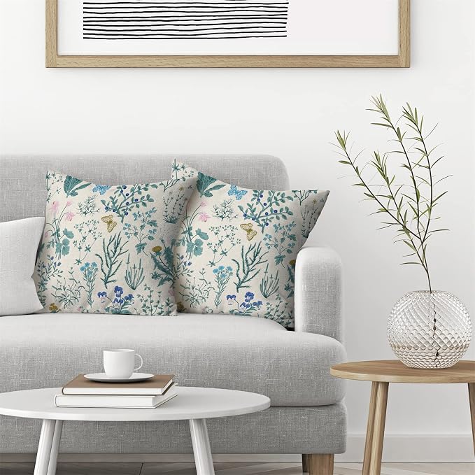 AEIOAE Spring Pillow Covers 20x20 Inch Set of 2,Blue Teal Wild Flower Plant Throw Pillows Case,Seasonal Floral Outdoor Decorative Square Linen Farmhouse Decor Cushion Covers for Home Sofa Bed Couch