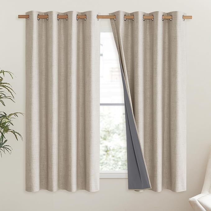 NICETOWN Oatmeal Linen Complete Blackout Curtains 48 inches for Kids Room, 2 Panels, Thermal Insulated & Noise Reducing Window Draperies with Grey Liner, Noise Reducing Short Drapes