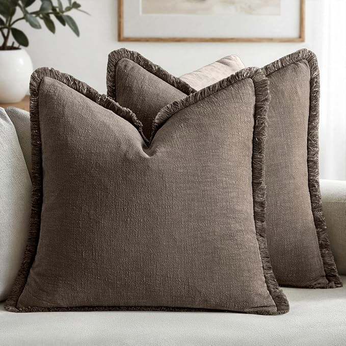 MIULEE Boho Linen Fringe Decorative Fall Throw Pillow Covers Coffee 20x20 | Set of 2, Cottagecore Decor, Boho Farmhouse Neutral Pillow Covers, Rustic Fall Couch Cushion Cases for Sofa Bed Living Room