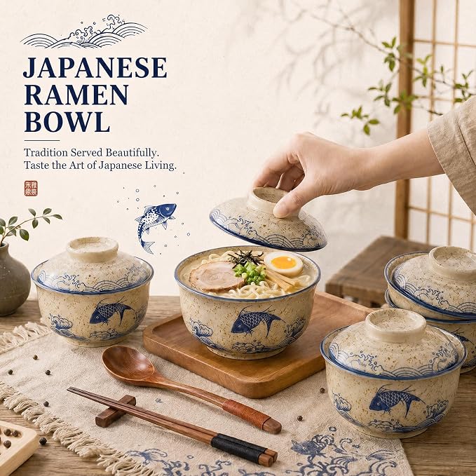 LemonRoad 4 Pack 25oz Japanese Dinnerware Set Ceramic Ramen Bowl with Lid Microwavable with Chopsticks and Spoon Korean Soup Bowl Clay Pot for Noodle Rice Porridge(Fish)