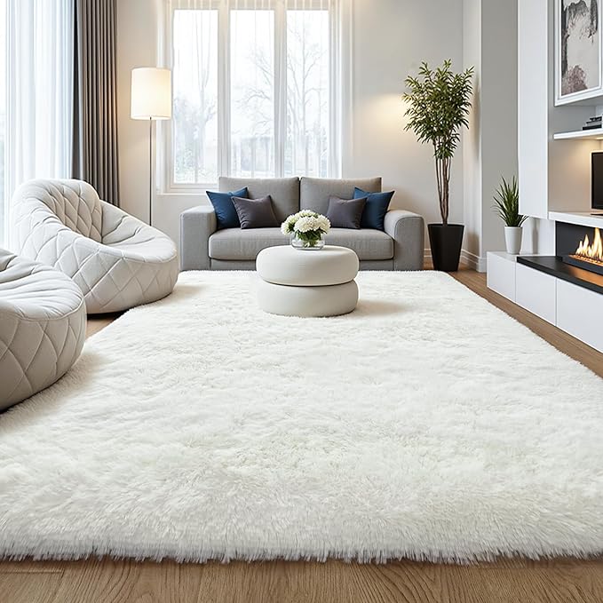 KICHOWUA Cream White Fluffy 9x12 Area Rug Bedroom Living Room Soft Shag | Cream White Plush Fuzzy Rug Kids Room Nursery Baby Toddler, Soft Washable Shag Carpet