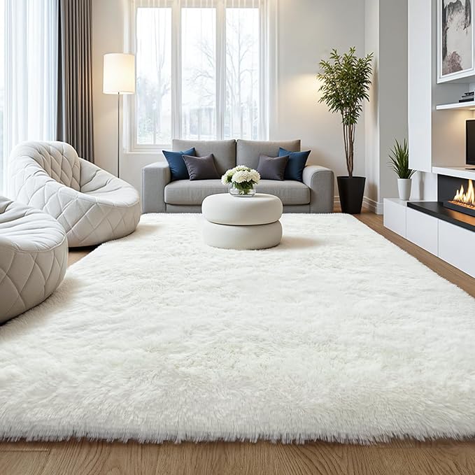 Cream White Fluffy 8x10 Large Area Rug, Soft Washable Shag Carpet | Cute plush fuzzy rug for bedroom, living room, kids room, nursery, baby, and toddler