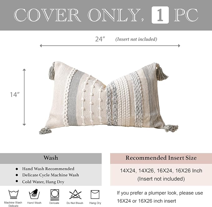 Gray Decorative Lumbar Pillow Cover 14x24, Grey Boho Long Body Pillow for Bed, Farmhouse Lumbar Throw Pillow for Couch, Modern Accent Textured Throw Pillowcase