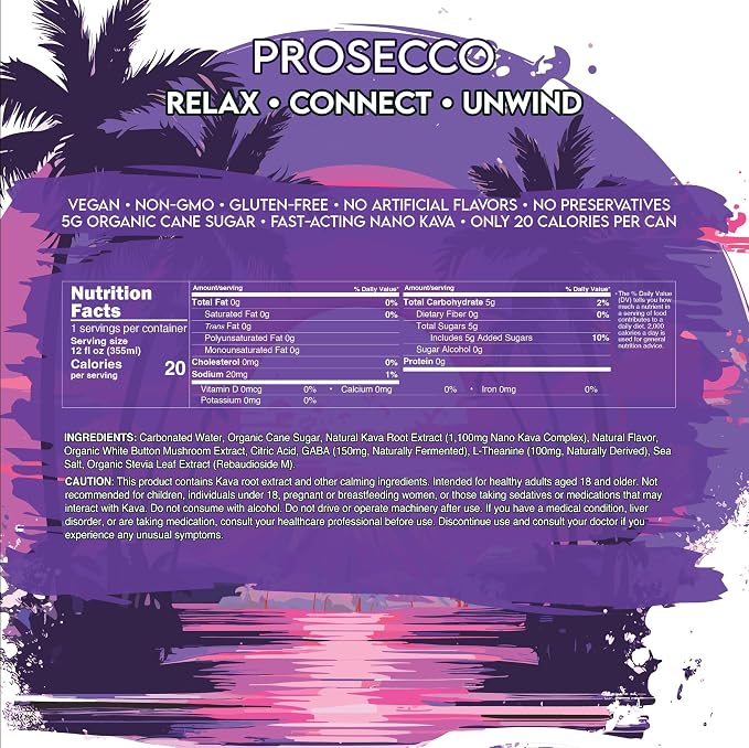 AVA Kava | Alcohol-Free Relaxation Drink | Prosecco | Fast Acting Nano Kava • Zero Sugar Alcohols • Vegan • Plant Based • No Preservatives • Natural Flavors • Non GMO • Gluten Free | 12oz Cans (6-Pack)