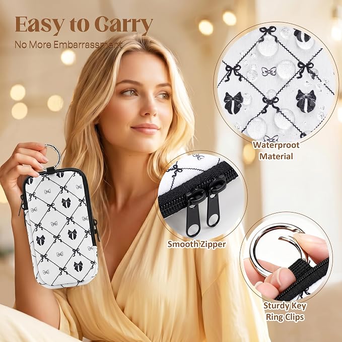 2 Pack Portable Tampon Holder Zippered Pouch with Snap Hook, Waterproof Travel-Friendly Discreet Period Bag, Feminine Products Organizer for Women Purse (Bow)