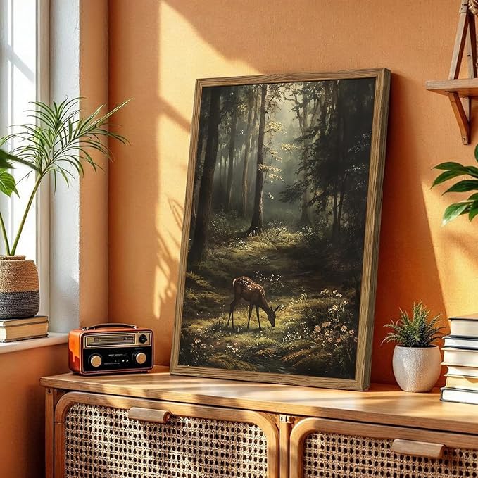 Framed Vintage Forest Deer Canvas Wall Art, Rustic Nature Landscape Paintings Wall Decor, Woodland Animal Pictures Prints Cottagecore Home Decor for Living Room Bedroom Office 8x10inch