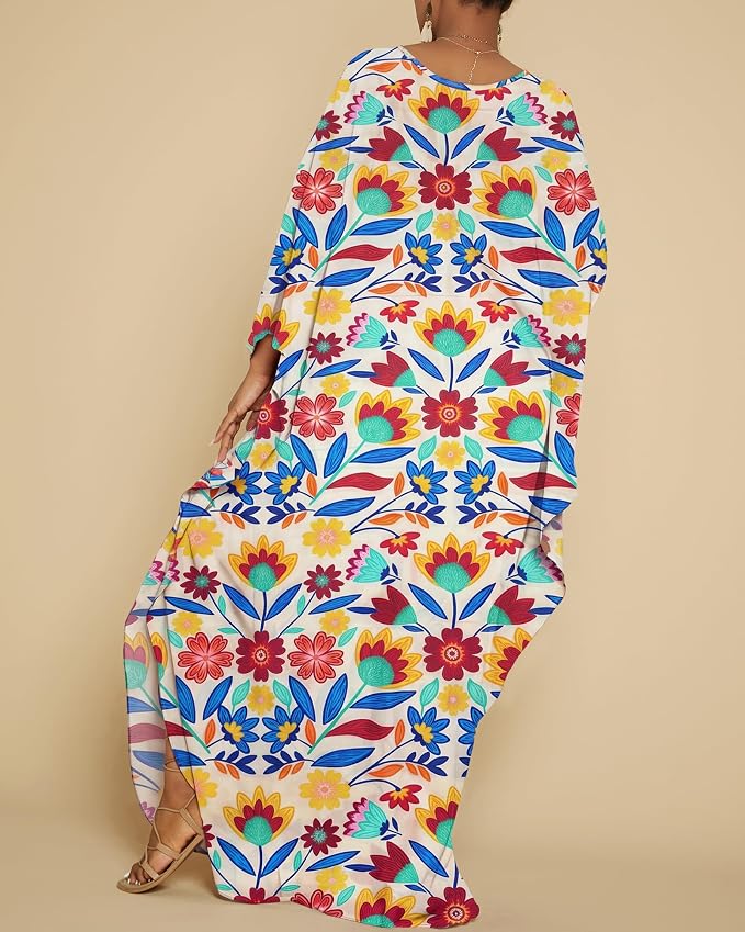 Bsubseach Kaftan Dresses for Women Floral Print Plus Size Beach Cover Up | Lightweight V Neck Loose Fit Boho Dress, Batwing Sleeve Side Slit, Moo Moos for Women Home Loungwear Cruise Resort Wear