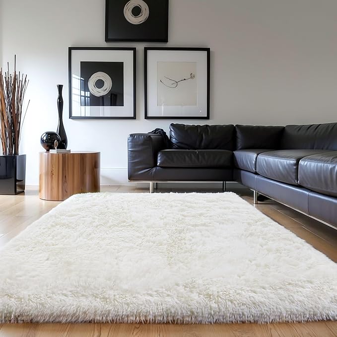 3x5 Thick Cream White Fluffy Shag Rug for Girls Bedroom, Plush Carpet | Area Rug for Living Room, Kids Nursery Room, Washable Non Slip Shaggy Floor Carpet