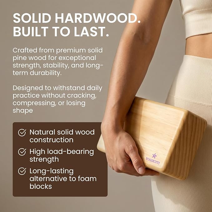 Yogikuti Solid Wooden Yoga Blocks Set of 2 | Premium Pine Wood Iyengar Yoga Blocks | Solid, Durable & Smooth Rounded Edges | Wooden Yoga Props for Stretching, Balance, Alignment & Home Studio Practice