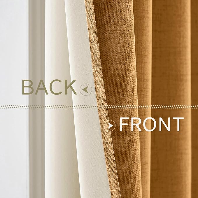 MIULEE 100% Blackout Linen Textured Curtains for Bedroom Solid Thermal Insulated Mustard Yellow Grommet Room Darkening Curtains & Drapes Luxury Decor for Living Room 52 x 63 Inch (2 Panels)