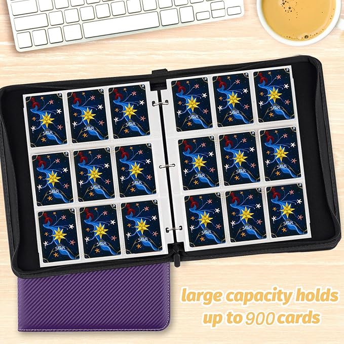 Trading Card Binder, 900 Pockets Card Binder, 9-Poccket Sided Pocket Sports Card Binder, Premium Card Binders Compatible with MTG, TCG, Baseball Cards(Carbon Purple)