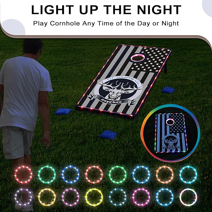 LED Cornhole Set, 3 x 2ft / 4 x2 ft Cornhole Board Game Set, Corn Hole Outdoor Game, Multi-Design with Light-Up Border, 8 Bean Bags, Carrying Case for Backyard, Beach, Lawn
