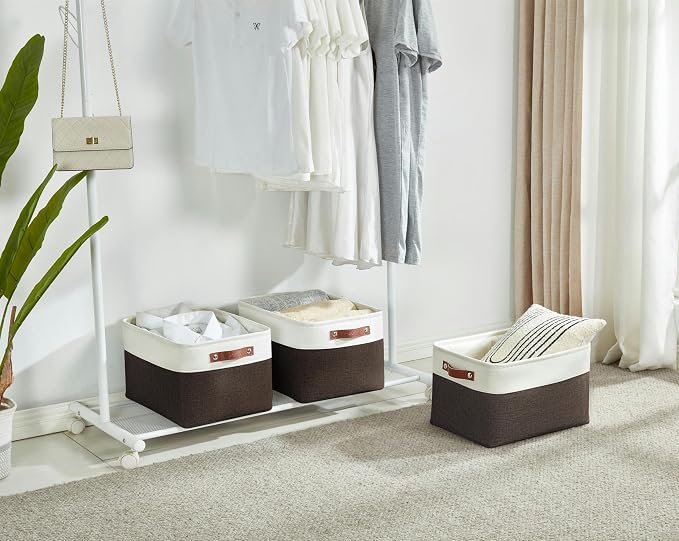 DECOMOMO Storage Bins, Extra Large Fabric Storage Baskets for Shelves 3Pack | 15.8 x 12.5 x 10 inches Decorative Linen Closet Organizers (Brown & White)