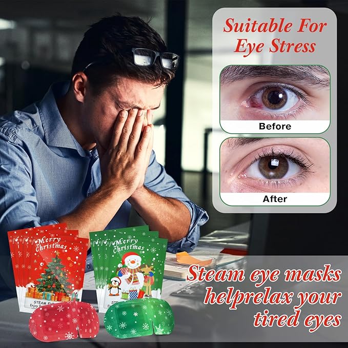 Demissle 60 Pack Christmas Steam Eye Masks Bulk for Dry Eyes Disposable Eyes Masks Cover Self Heating Red and Green Moist Heat Eyemasks Holiday Warm Eye Compress Gift for Women Home Office Travel