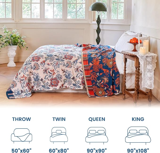 MSGKV Boho Throw Blanket 50"x60" 100% Cotton Farmhouse Floral Throw Blanket | 100% Cotton Muslin, Botanical Throw Blanket, Reversible Weave, Soft & Breathable, Vintage Floral Style, Machine Washable