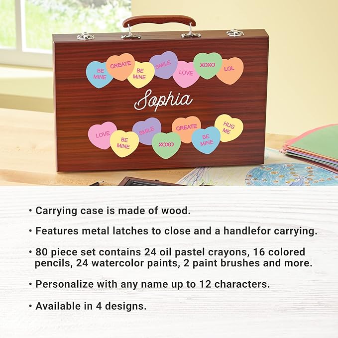 Let's Make Memories Personalized 80-Piece Deluxe Art Set - for Kids - Wood Carrying Case - Oil Crayons, Colored Pencils, Watercolors - Arts & Crafts - Add Their Name - Love is an Art