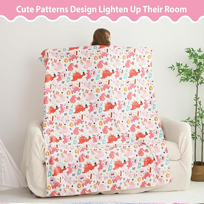 Softan Kids Throw Blanket for Girls & Boys, Warm Soft Toddler Flannel Blankets for Sofa Couch Bed， Cozy Fuzzy Plush Flannel Kids Throw Blanket for Daycare & School - Pink Dinosaur 50x60 inches