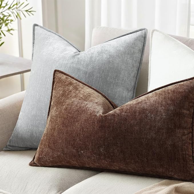 decorUhome Chenille Dark Brown Velvet Throw Pillow Covers 12x20 Set of 2 | Fall Soft Lumbar Couch Decorative Modern Farmhouse Pillow Cases with Elegant Design for Sofa Bed Living Room Home Decor