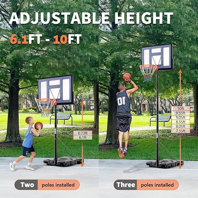 DUMOS 10FT Adjustable Height Portable Basketball Hoop Outdoor for Adult, 44 Inch Shatterproof Backboard w/Shock Absorbent Rim, Fillable Base, 2 Wheels for Swimming Pool/Indoor