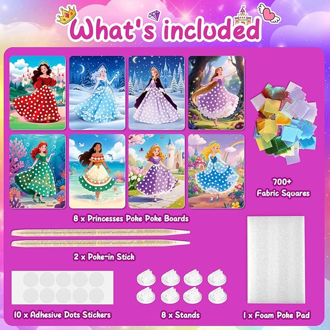 8PCS Poke Art Kits - Magical Princesses, Mess-Free Fabric Creative Art, DIY Arts and Crafts Toys for Kids Ages 3-12, Birthday Christmas Gifts & Party Favors for Girls & Boys 4, 5, 6, 7, 8, 9 Years Old