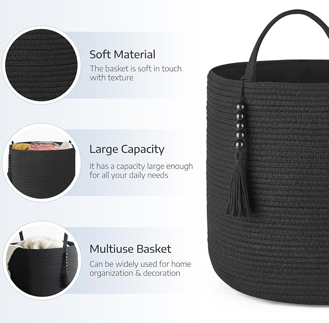 Mkono Woven Storage Basket for Blanket, Toys Plant Organizer, 16"W x 13.8"L | Black, Cotton, Decorative Basket with Handle, Wood Beads Tassel, Shoes Clothes Storage Bin, Living Room Bedroom Nursery