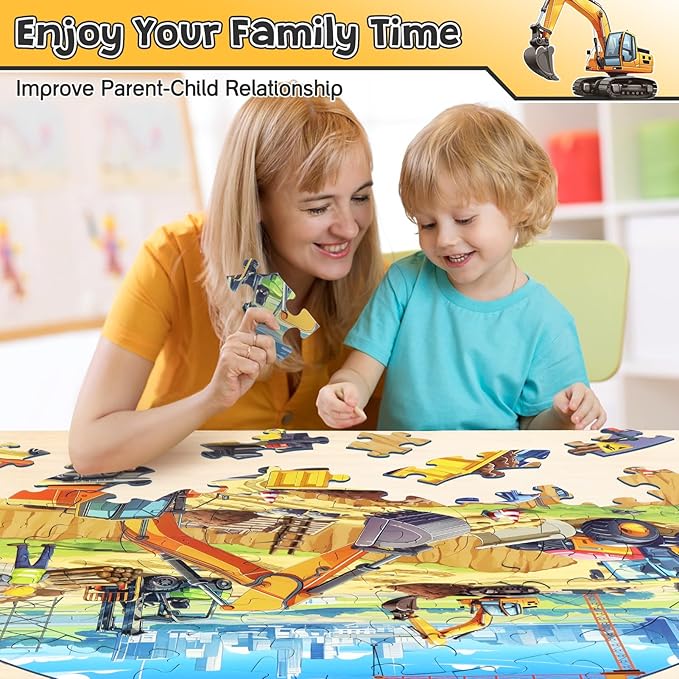 Floor Puzzles for Kids Ages 4-6, Large 70 Piece Construction Puzzles for Kids Ages 6-8 with Excavator Bulldozer Forklift Dumper Truck, Building Site Educational Toy Gifts for Boys Girls Children