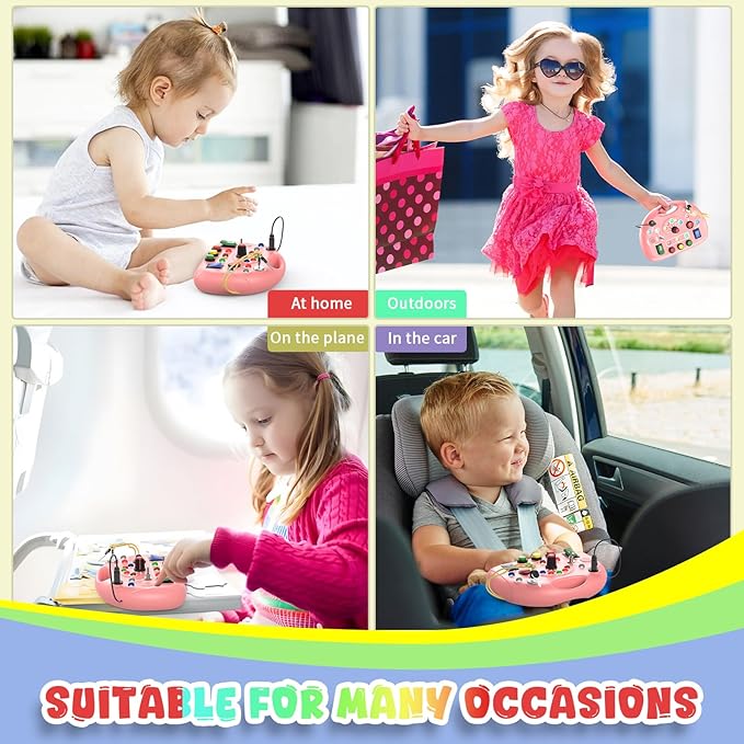 Toddler Busy Board with Led Light Switch, Travel Sensory Board Montessori Toddlers Toys 1-2 Year Old, Baby Educational Activities Travel Essential Toys Ideal Christmas & Birthday Gift (Pink)