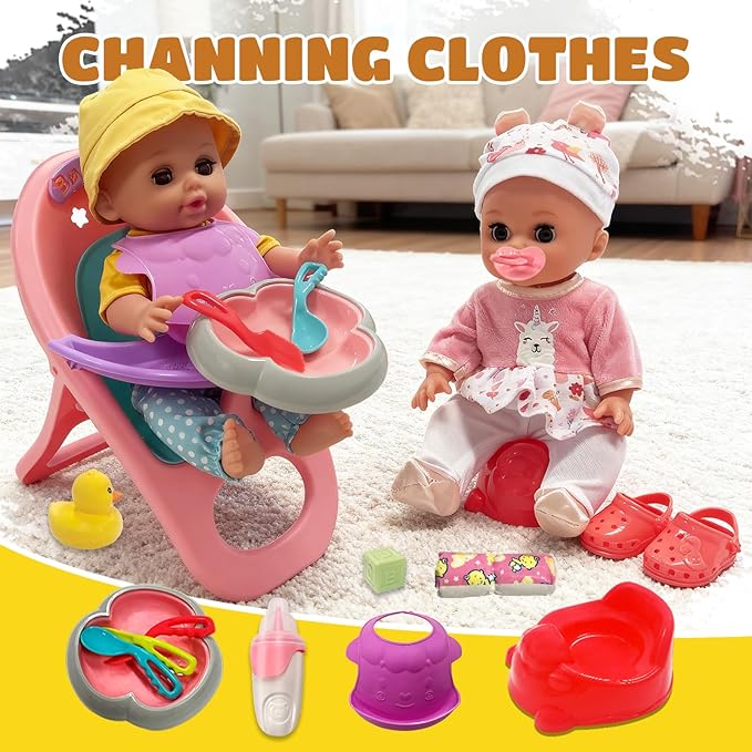 Baby Doll Stroller Set Toys for Girls Toddlers 3-5 4-6 5-7 Gifts, 12.2" Baby Doll Set with 2 Set Doll Clothes, Dining Chair, Baby Stroller Toys for Accessories Pretend Play