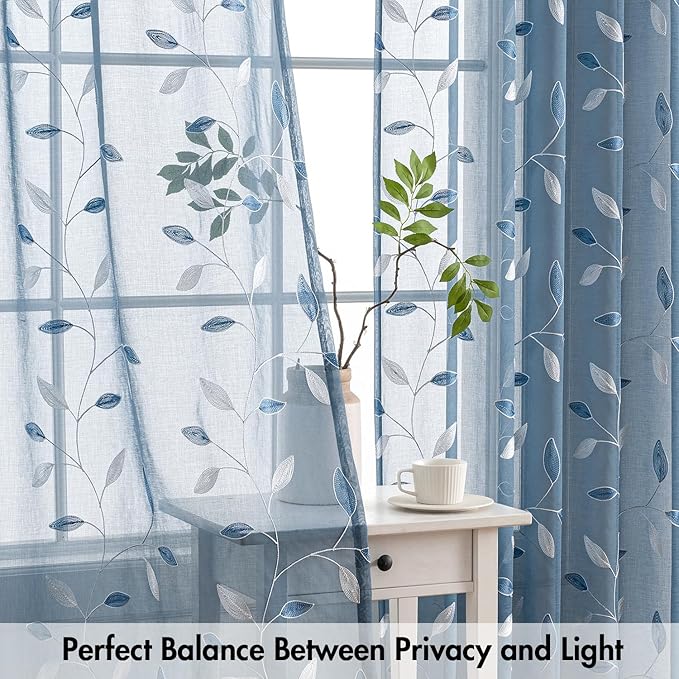 MIULEE Stone Blue Sheer Curtains 2 Panels Embroidered Leaf Patterned Rod Pocket Floral Semi Sheer Faux Linen Window Curtains Drapes Set for Living Room Bedroom Dining Room, 52x63 Inches Long