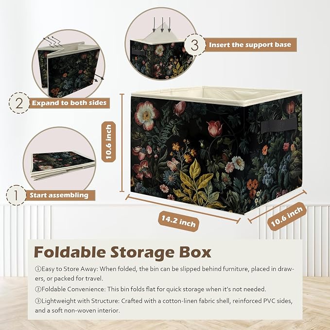 Vintage Gothic Floral Storage Box Bins, Dark Cottagecore Wildflower Botanical Collapsible Storage Basket Organizer for Bedroom Laundry Room Home Clothes Books, Decor for Room