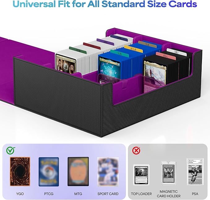 UAONO Trading Card Storage Box, Holds 1800 Sleeved Cards with 10 Dividers & 3 Stoppers, Magnetic Closure PU Leather Card Case for MTG, PTCG, YGO, Sports Cards (Black&Purple)
