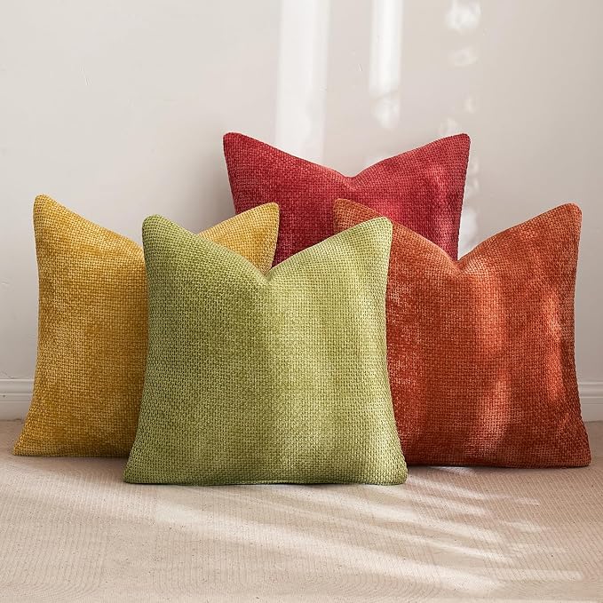 MIULEE Soft Decorative Chenille Fall Pillow Covers Rust Yellow Green 20x20 | Pack of 4, Rustic Decor, Autumn Harvest Set, Couch Throw Pillows, Farmhouse Boho Cushion Covers for Sofa Bed Living Room
